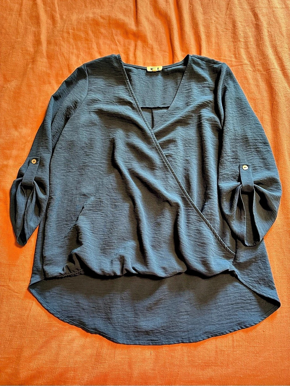West K Alexa Surplice Roll Tab Blouse Blue Medium